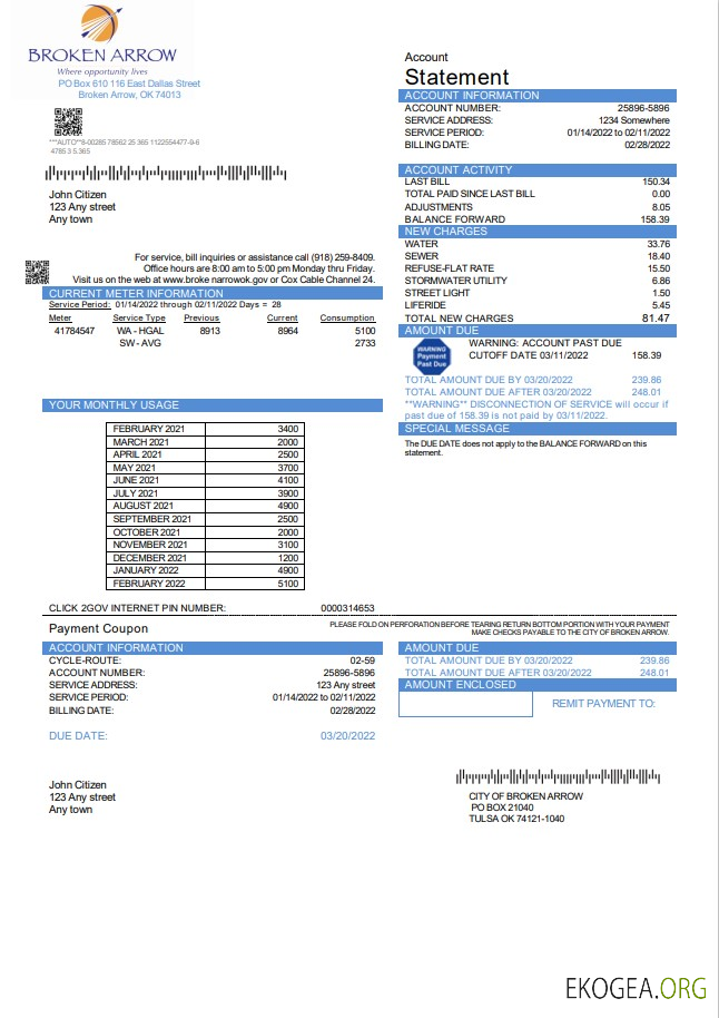 USA Oklahoma City of Broken Arrow utility bill template in Word and PDF format